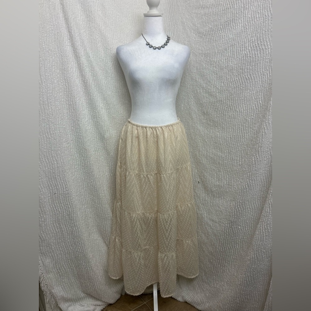 Pink Ripple Cream Peasant Midi Skirt Size Large Boho Cottagecore Neutral Style